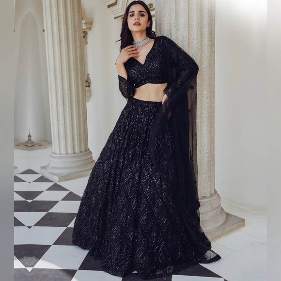 Georgette Lehenga Choli With Sequence And Dori Work Jet black - Picture 1 of 6